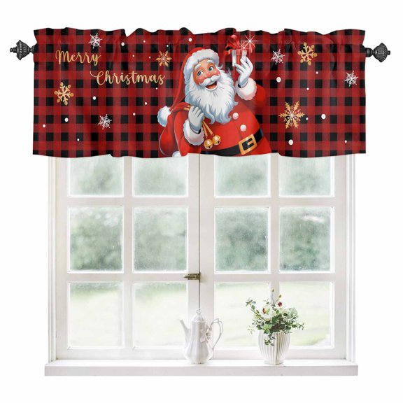 Red Plaid Santa Christmas Kitchen Valances for Windows 60x18 Inch Kitchen Curtains Valances Rod Pocket Gifts Xmas Snowflake Farmhouse Bathroom Window Valances for Window Treatment Decor