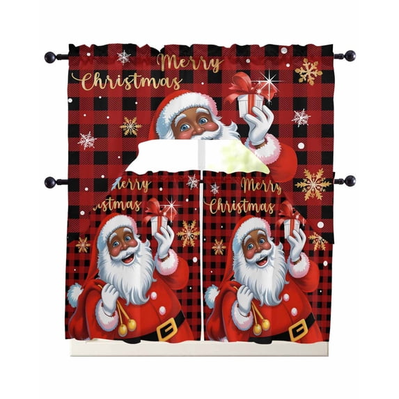 Red Plaid Santa Christmas Swag Curtains for Living Room/Bedroom Windows, Gifts Xmas Snowflake Winter Black Kitchen Curtains and Valances Set 36 Inch Length, Swags Valance Curtain Panels