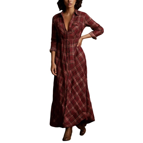 Reg Pock Red Plaid Shirt Dress for Women Long Sleeve Maxi Dress with Button ...
