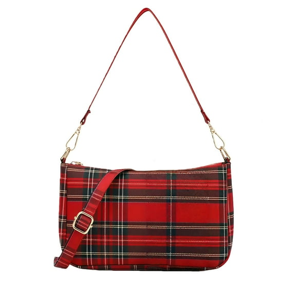 Adjustable Strap Plaid Shoulder Bag, Red
