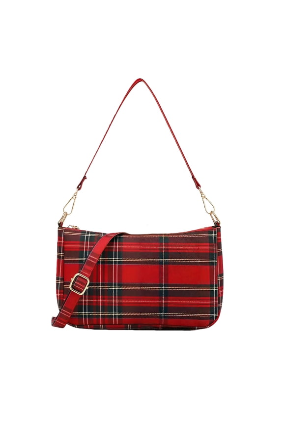 Adjustable Strap Plaid Shoulder Bag, Red