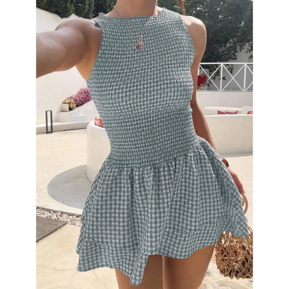 Red Plaid Sleeveless Ruched Mini Dress, Sweet French Style Summer Vacation Dress