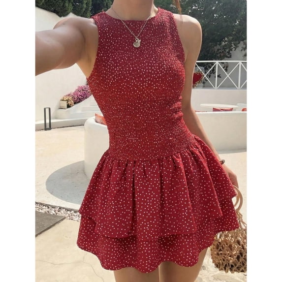Red Plaid Sleeveless Ruched Mini Dress, Sweet French Style Summer Vacation Dress