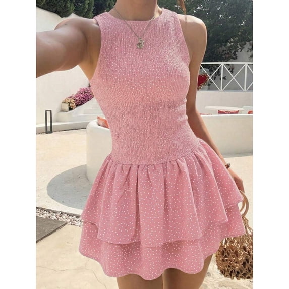 Red Plaid Sleeveless Ruched Mini Dress, Sweet French Style Summer Vacation Dress