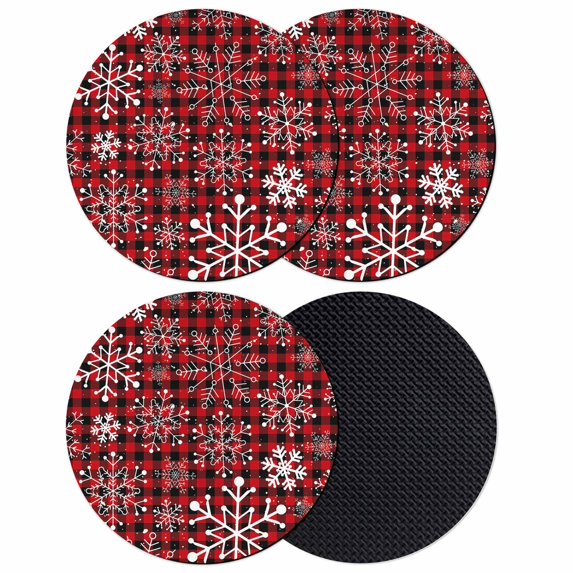 Red Plaid Snowflake Christmas Coasters Set of 4, Absorbent Coasters for Drinks, Xmas Snowflake Coaster for Desk Coffee Table Protection, Home Decor House Warming Gifts 4"