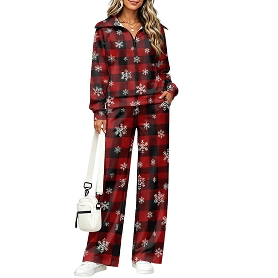 Red Plaid Snowflake Matching Outfits for Women Half Zip Fleece Loungewear Set Stand Collar Sweatshirt Wide Leg Pants with Pockets Winter Holiday Vacation Casual Cozy Tracksuit, S