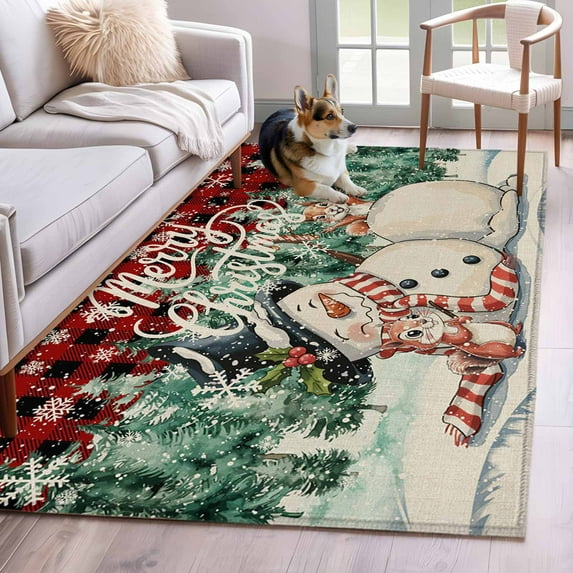 Red Plaid Snowman Christmas Area Rug 3x5 Washable Rug Non Slip Xmas Tree Rustic Snowflake Large Area Rug Indoor Floor Carpet for Entryway Bedroom Kitchen Living Room Home Office Dining Room Nursery