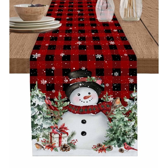 Red Plaid Snowman Christmas Burlap-Cotton Table Runner 90 Inches Long,Green Xmas Tree Snowflake Farmhouse Table Runners,Outdoor Dining Tablecloths Decor for Baby Shower Party Wedding 13x90