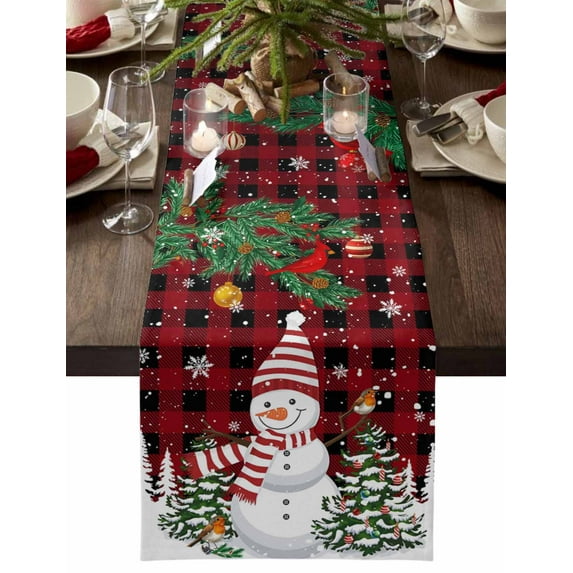 Red Plaid Snowman Christmas Cotton Linen Table Runner for Dining Kitchen, Xmas Tree Snowflake Balls Wedding Outdoor Party Tablerunners Decoration, Dresser Scarf Coffee Tablecloth Runners 18x72 Inches