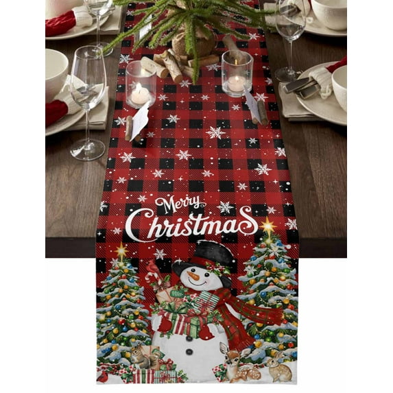 Red Plaid Snowman Christmas Dresser Scarf Farmhouse, Dining Table Decorations for Wedding/Parties, Gifts Xmas Tree Snowflake Winter Table Runner 90 Inches Long for Kitchen Dining, 13 x 90 In