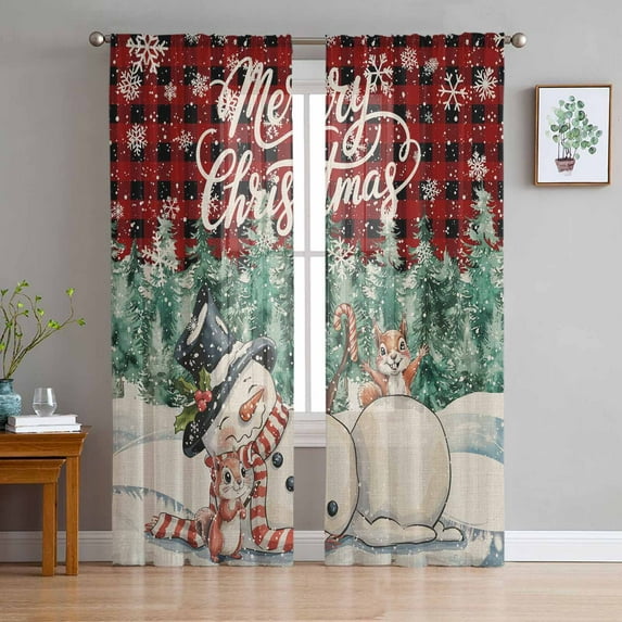 Red Plaid Snowman Christmas Sheer Curtains 84 Inches Long, Xmas Tree Rustic Snowflake Light Filtering Window Curtains for Living Room, Rod Pocket Voile Sheer Curtain Drapes, 52"Wx84"L, 2 Panels