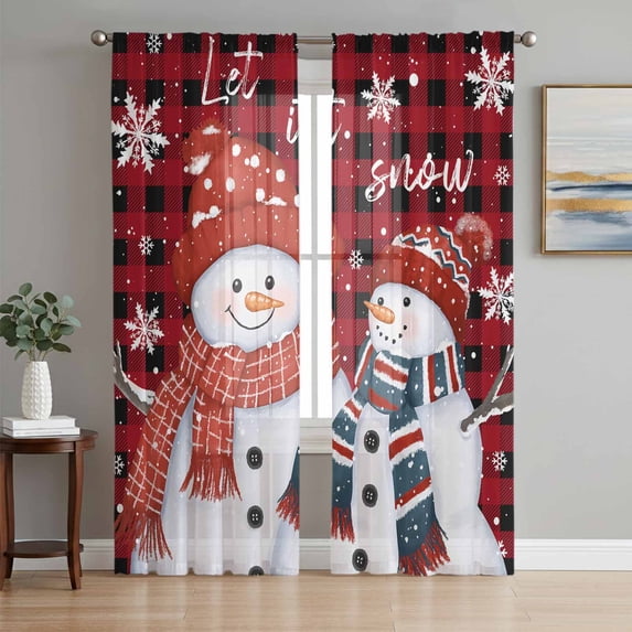 Red Plaid Snowman Christmas Sheer Curtains 96 Inch Length 2 Panels Set, Snowflake Xmas Voile Window Treatment Semi Sheer Long Curtains Drapes for Bedroom/Living Room/Kitchen 52"x96"x2