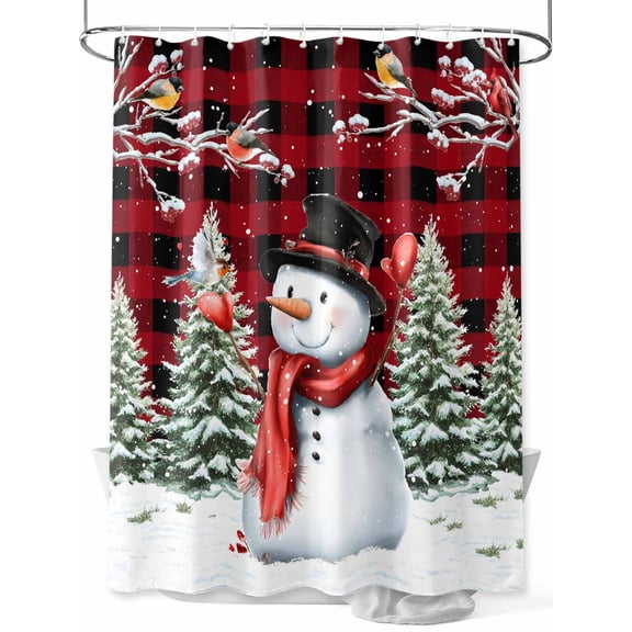 Red Plaid Snowman Christmas Shower Curtain Set, Waterproof Shower Curtains for Bathroom, Xmas Tree Snowflake Birds Branches Washable Fabric Cloth Bath Curtain for Bathtub with Hooks 48x72 Inches