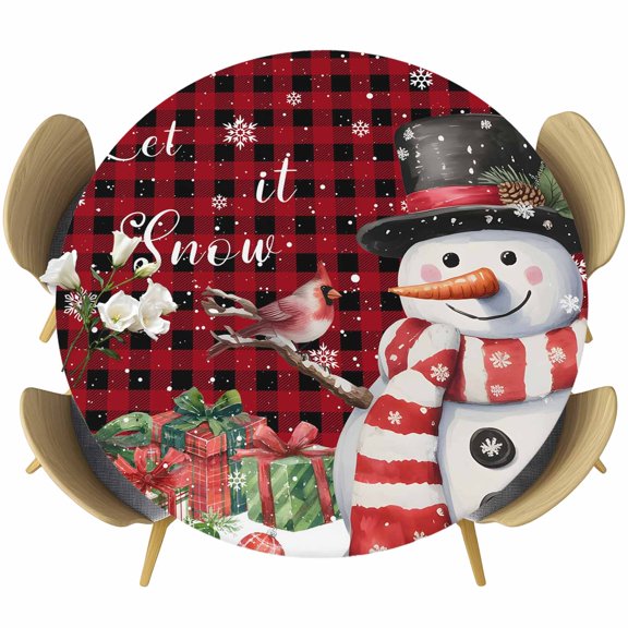 Red Plaid Snowman Christmas Table Cloth, Round Fitted Tablecloths with Elastic Edge, Winter Snowflake Xmas Gifts Wipeable Waterproof Table Cover for Kitchen Wedding 55-60 Inches