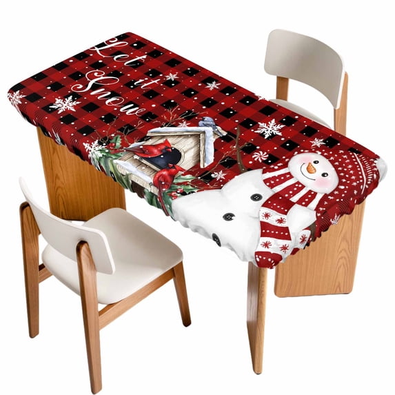 Red Plaid Snowman Christmas Table Cloths for 5 Foot Rectangle Tables, Xmas Snowflake Birds Berry Winter Patio Waterproof Elastic Fitted Tablecloths, Washable Rectangular Table Cover for Camping