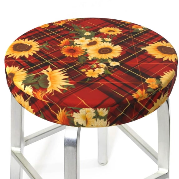 Red Plaid Sunflower Round Bar Stool Seat Covers, Elastic Round Chair Cover Stool Seat Slipcover Bar Stool Cushions Round Pad for 12-14 inch