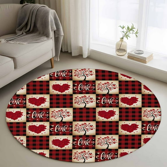 Red Plaid Valentine's Day Round Rug 3ft Washable Circle Entryway Rugs Non Slip Checkered Farmhouse Valentines Area Rug Indoor Floor Carpet for Bedroom Kitchen Living Room Office Dining Room Nursery