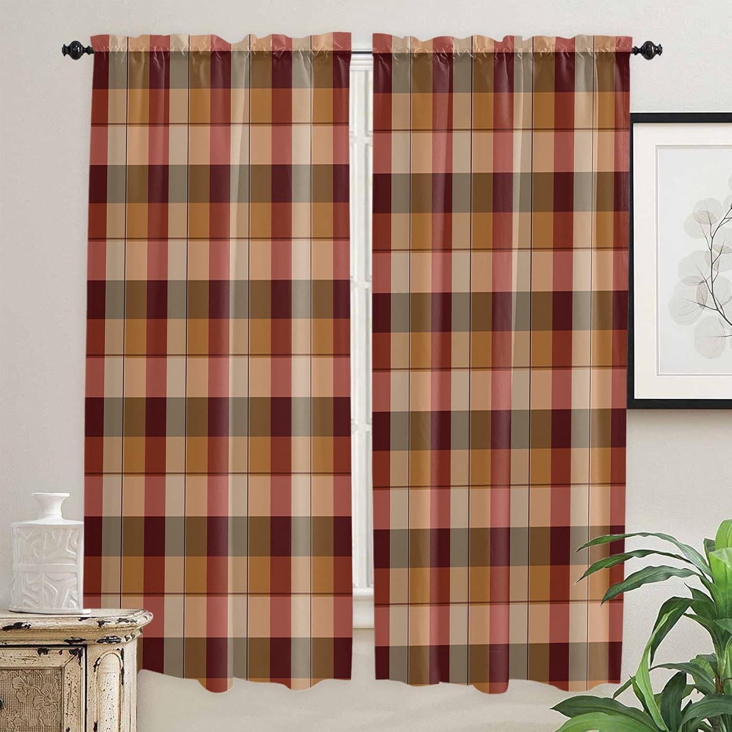 Red Plaid Window Curtains 84 Inch Length, Farmhouse Rustic Brown Beige ...