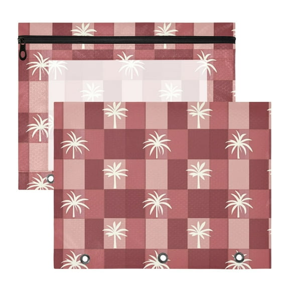 Red Plaids Coconut Trees 3-Ring Binder Pouches A4 Size Zipper Pocket File Storage 2 Packs