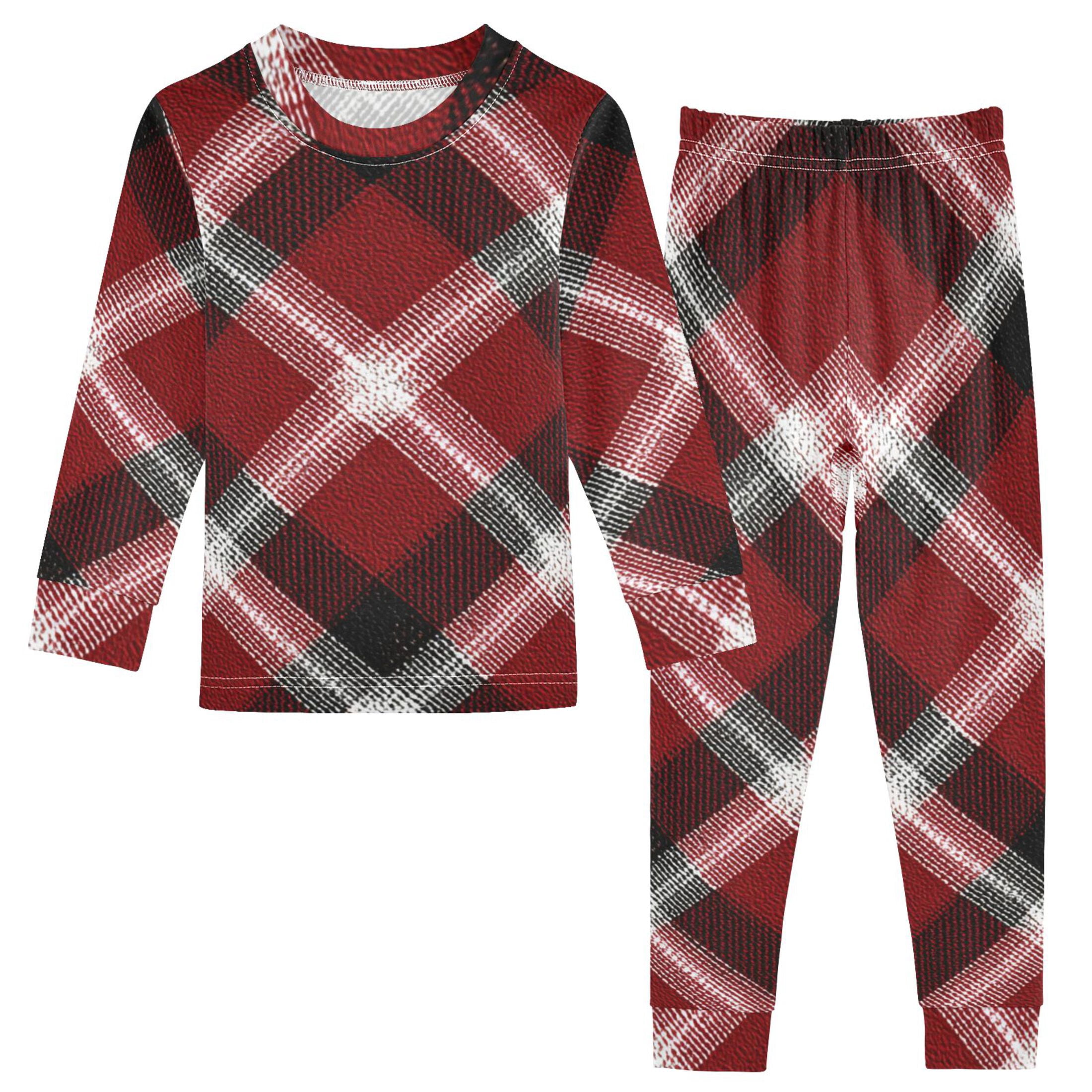 Red Plaids with Black White Lines Cotton Pajama Set Long Sleeve Top and ...