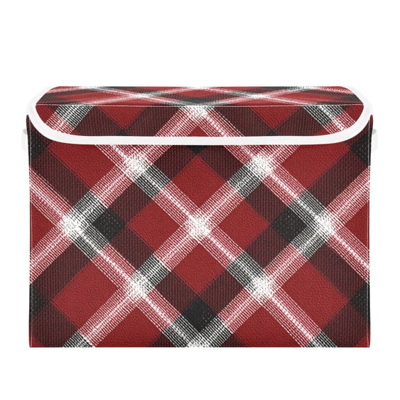Red Plaids with Black White Lines Foldable Storage Bin with Lid and Handle Collapsible Storage Box 16.5 x 12.6 x 11.8 inches