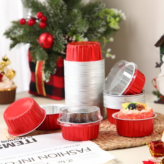 Red Plain Aluminum Foil Baking Cups with Lids, 5 Oz Round Disposable Ramekin Containers