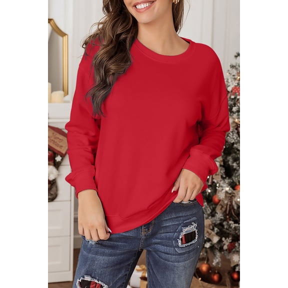 Red Plain Crew Neck Pullover Sweatshirt