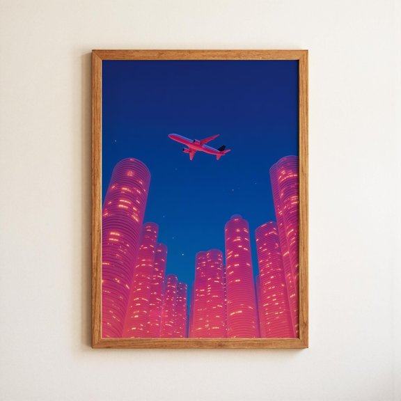 Red Plane Flying Over Skyscrapers In La Skyline Japanese Art Print , Poster Print Only
