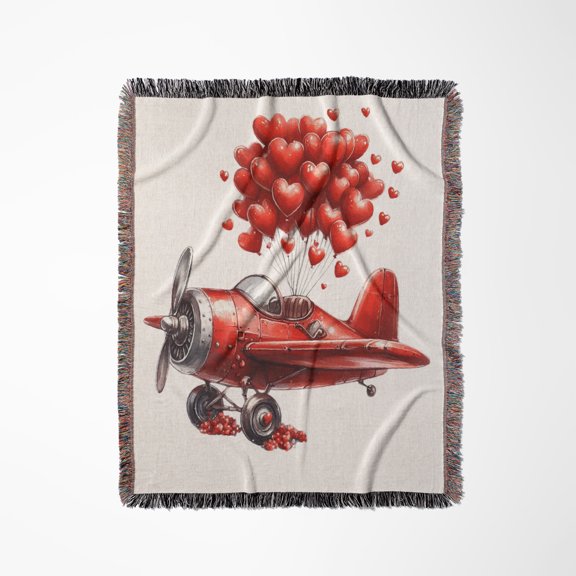 Red Plane With Red Heart Balloons Illustration, Woven Blanket