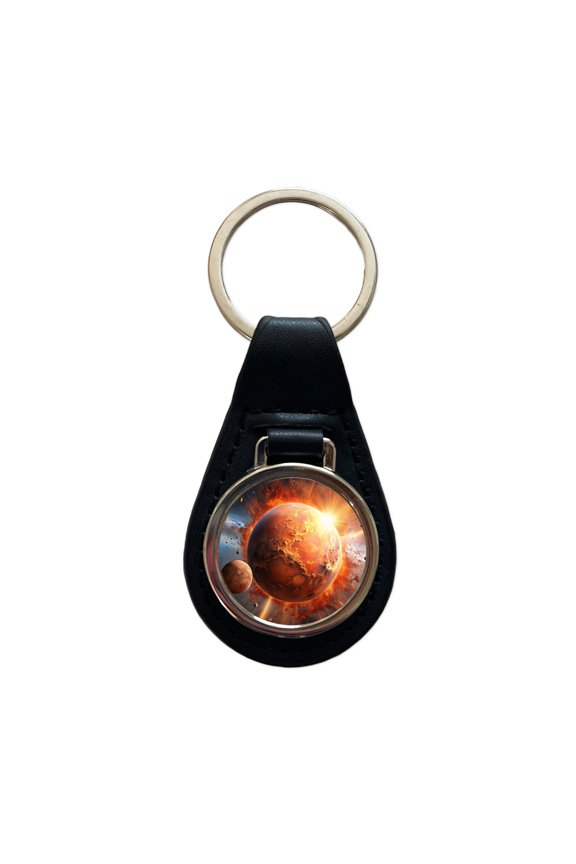 Red Planet Exploding in Space Sci-fi Metal Black Leather Keychain
