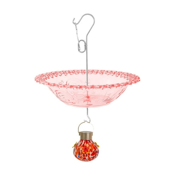 Red Plastic Bird Feeder, Multifunctional Bird Feeder with A Painted Glass Ball Pendant, Yard Garden Decorations Gifts for Bird Feeder (1Pc, Red)