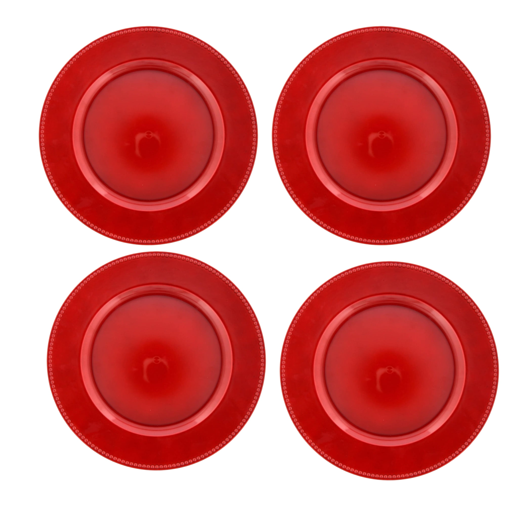 Red Plastic Charger with Beaded Rims 13 inches Decorative Service Plate for Home Kitchen Dinner Parties Weddings Banquets Christmas New year Holiday Party Table Decoration Set of 4