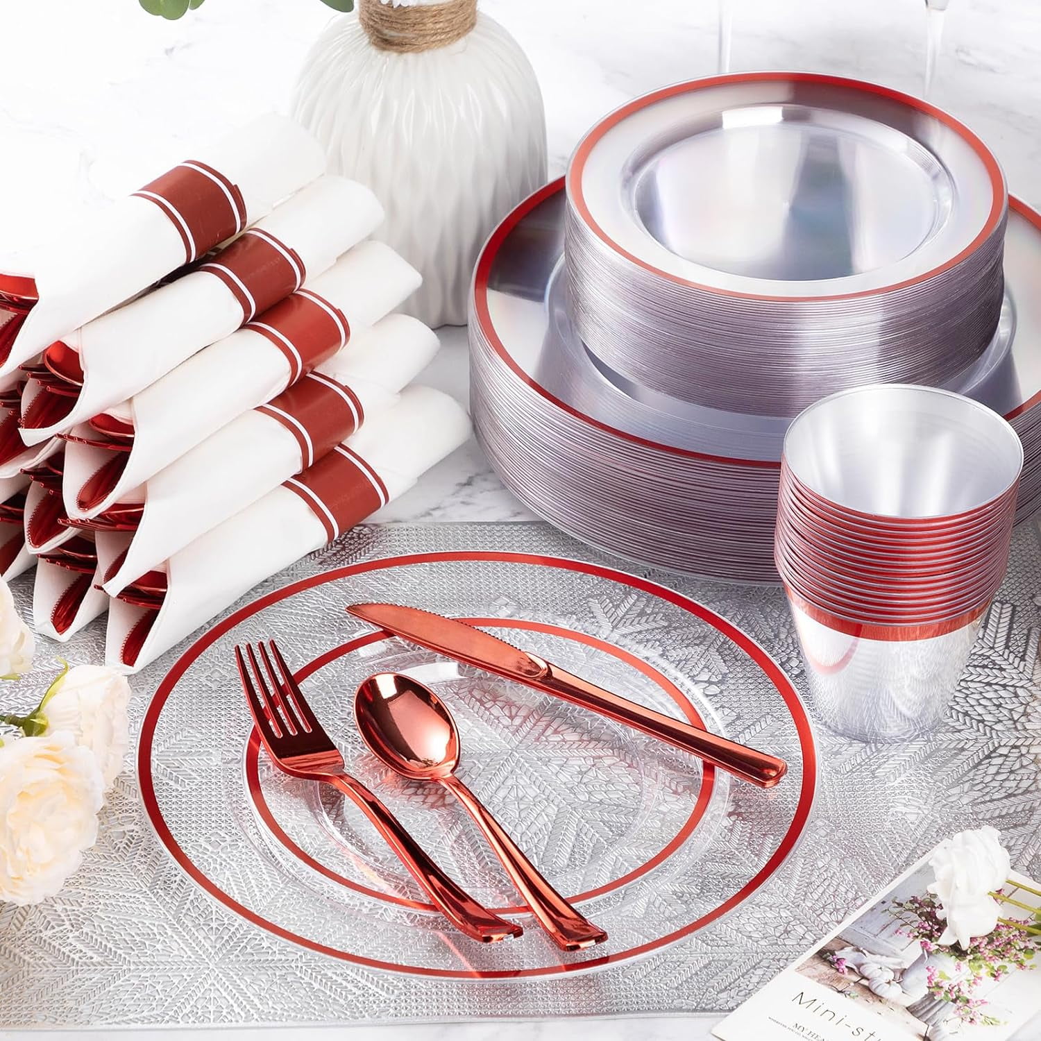 Red Plasticware Red Plastic Dinnerware Set for 25 Guests, 175 Piece Disposable Party ...
