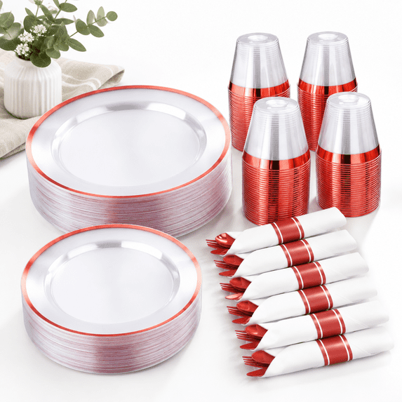 Ruby Ware Warehouse Red Plastic Dinnerware Set for 50 Guests, 100 Disposable Plates, Pre ...