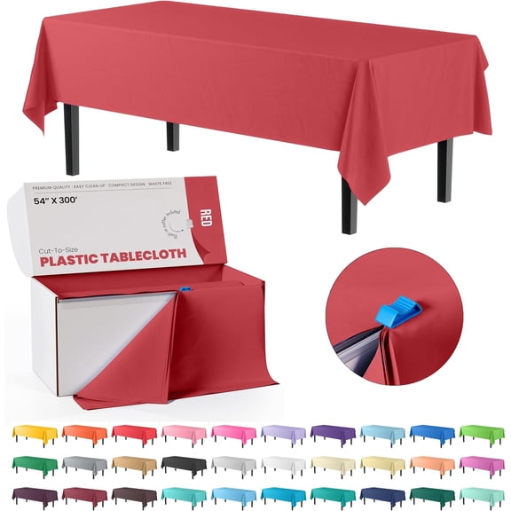 Red Plastic Disposable Tablecloth Roll 54 in x 300 ft with Built-in Cutter