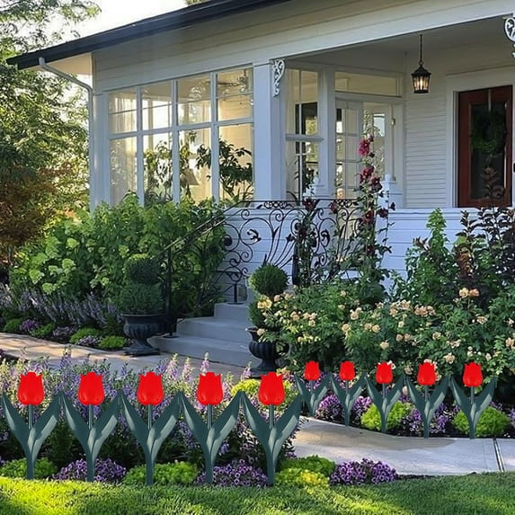 Red Plastic Garden Fence | Tulip Design Picket Edging for Lawns & Flowerbeds | 29x15x1cm Outdoor Plant Border Decoration | Weather-Resistant Yard Enhancement