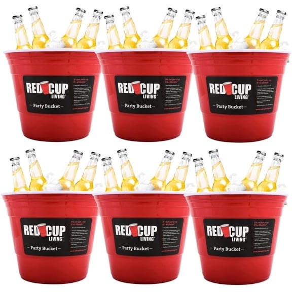Red Plastic Ice Bucket, Large Reusable Beverage Tub for Drinks Pack of 6