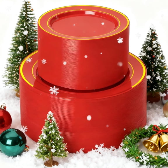 Red Plastic Plates - Include Dinner and Dessert Plates Heavy Duty - Ideal for Wedding, Party, Valentines Day