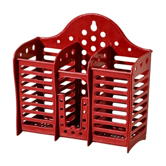 Red Plastic Utensil Holder with Drain Holes, Wall Mounted Chopsticks Spoon Basket for Kitchen Counter Organization, Perfect for Parties Camping Picnics