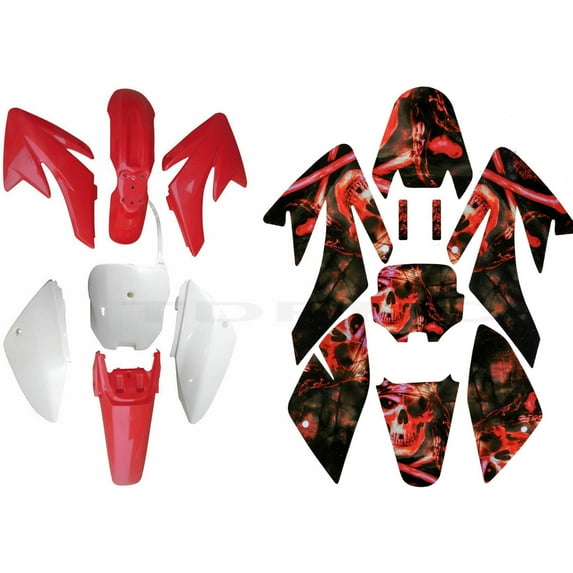 Red Plastics Fender Fairing Kit + Graphics Decals Kit for CRF70 CRF70F CRF 70 Pit Dirt Bike Thumpstar Taotao DB17 125cc 140cc 150ccc 160cc 200cc Motorcycle