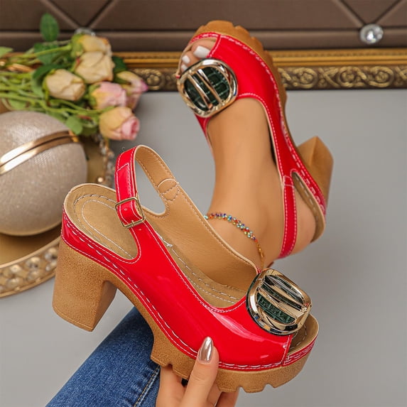 Red Platform Sandals for Women Chunky Heel Slingback Ankle Strap Open Toe Block Heels Dressy Faux Faux Leather Gold Buckle,Size 37