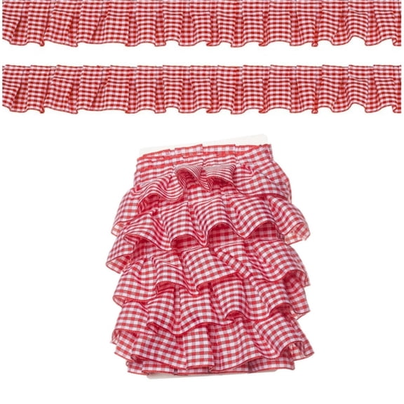 Red Pleated Gingham Ruffle Trim,5 Yards Pleated Striped Fabric Ribbon,DIY Sewing Material for Home,QZS Dress Decoration for Sewing,1pc