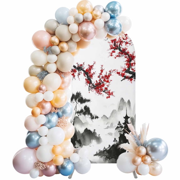 Red Plum Blossom Arch Backdrop Cover 4 FT Mountain Water Ink Painting Spring Stretchy Elastic Arch Stand Covers Spandex Arched Background Birthday Wedding Party Decoration (No Stand)
