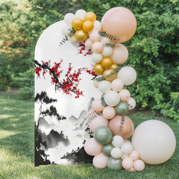 Red Plum Blossom Arch Backdrop Cover 5 FT, Mountain Water Ink Painting Spring Wedding Arch Cover Stretchy Backdrop Stands Covers for Birthday Party Ceremony Banquet Decor