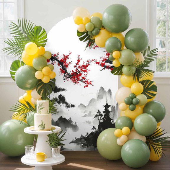 Red Plum Blossom Arch Backdrop Cover, 5FT, Mountain Water Ink Painting Spring Spandex Arch Covers Double-Sided Backdrop for Wedding Birthday Party Photo Background Decoration