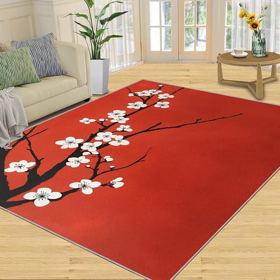 Red Plum Blossom Area Rug, Floral Rug, Oriental Red Plum Rugs for Living Room, Indoor Non-Slip Rugs, Machine Washable Carpet for Front Entrance Floor Decor 2 x 3ft