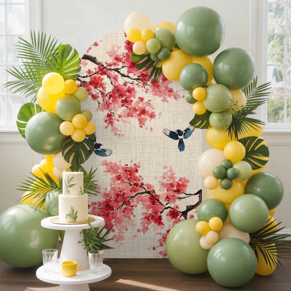 Red Plum Blossom Bird Arch Backdrop Cover, 5FT, Rustic Vintage Floral Flower Linen Texture Spandex Arch Covers Double-Sided Backdrop for Wedding Birthday Party Photo Background Decoration