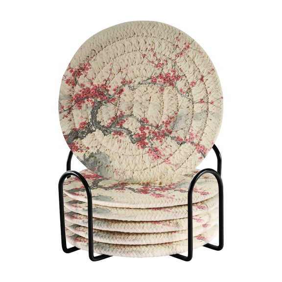 Red Plum Blossom Drinking Coasters Cup Mat with Holder for Kitchen Cafe Bar 6 Packs