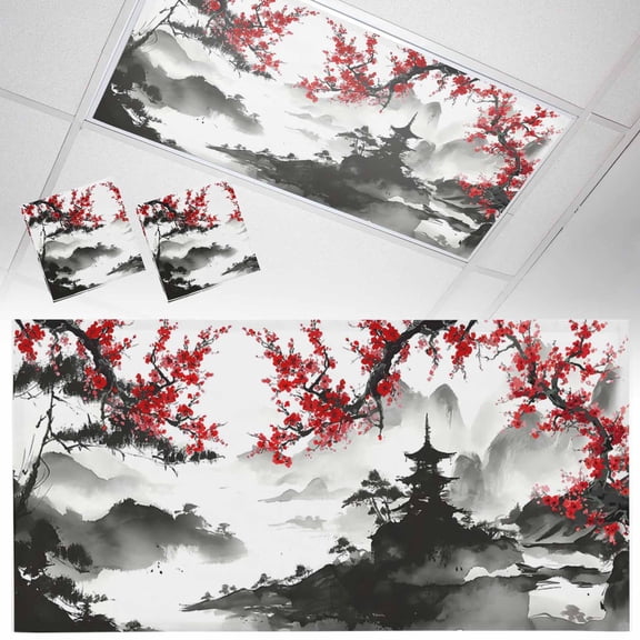 Red Plum Blossom Fluorescent Light Covers Mountain Water Ink Painting Spring Magnetic Light Filters Ceiling Lighting Panel Shade for Classroom Office Home 2 x 4 ft, 2 Pack