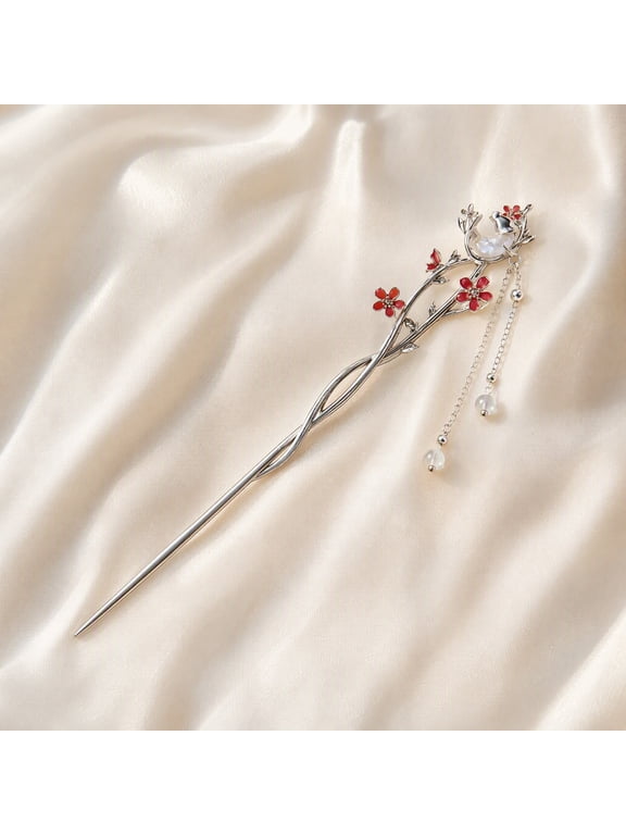 Red Plum Blossom Hair Stick with Crescent Moon and Dangle Tassel, Silver Plated Chinese Vintage Flower Bu Yao Hair Pin for Buns Updos